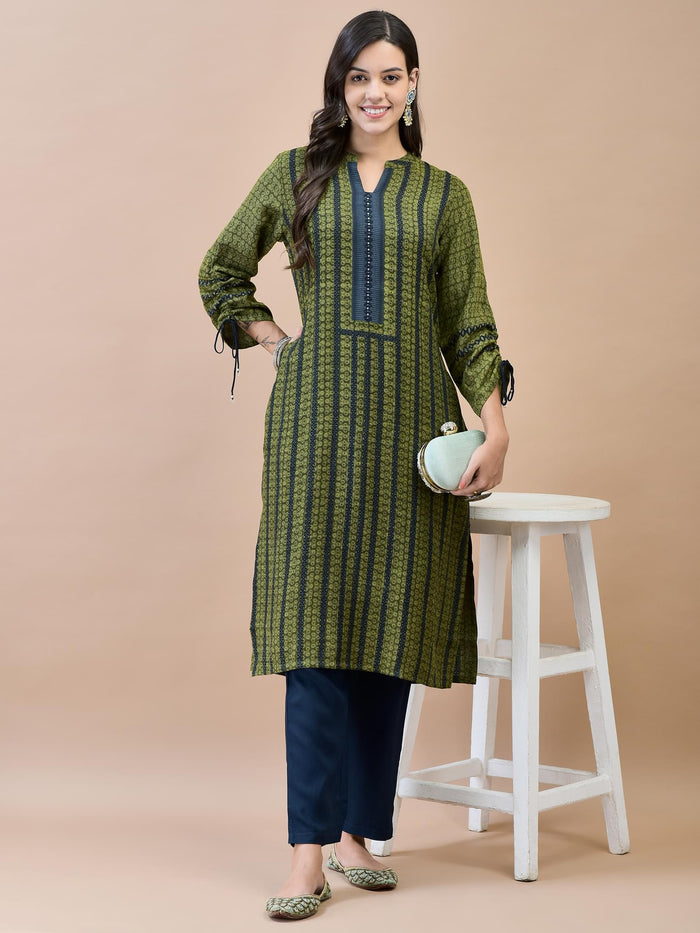 Women Liva Rayon Olive Printed Kurta.