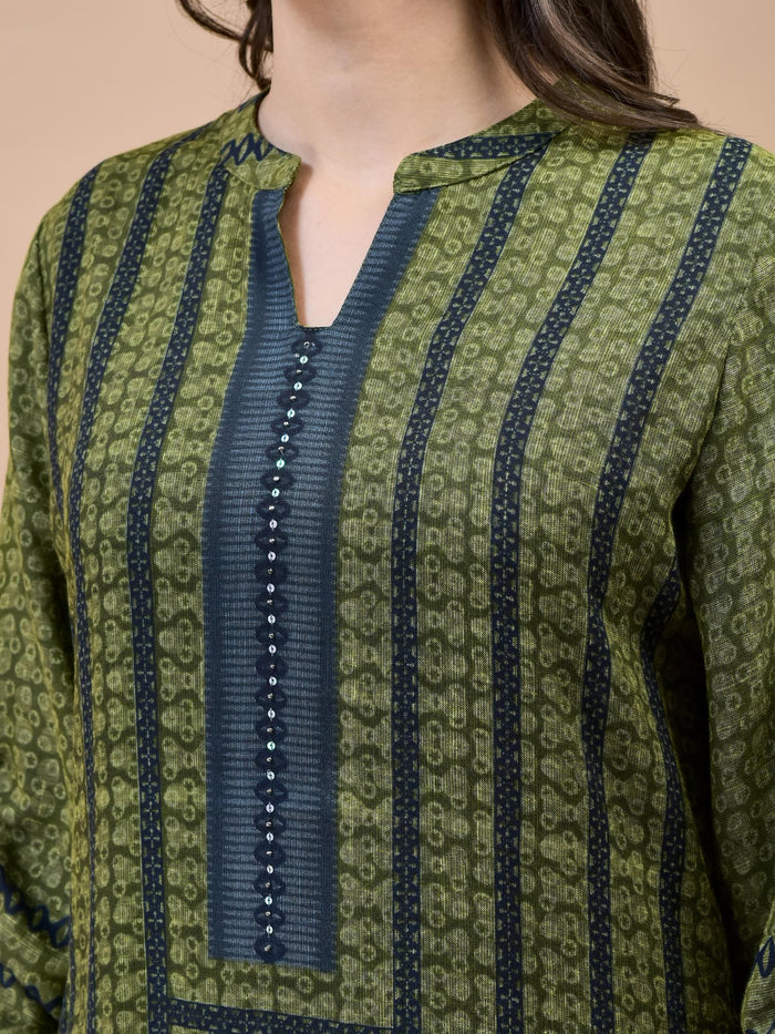 Women Liva Rayon Olive Printed Kurta.