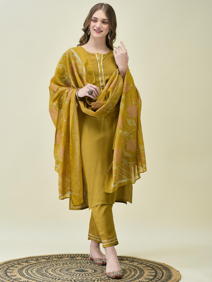 Women Liva Rayon Olive Solid Kurta Trouser Dupatta.