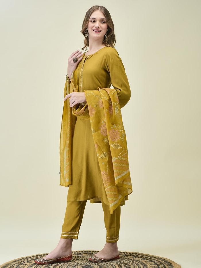Women Liva Rayon Olive Solid Kurta Trouser Dupatta.