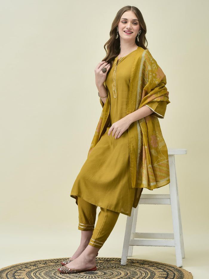 Women Liva Rayon Olive Solid Kurta Trouser Dupatta.