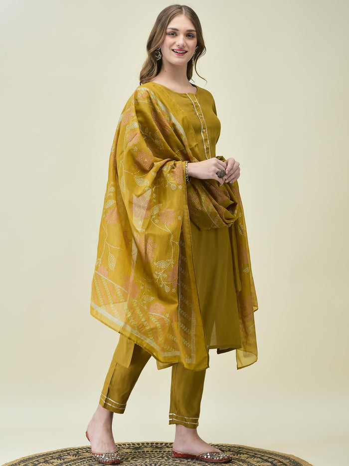 Women Liva Rayon Olive Solid Kurta Trouser Dupatta.