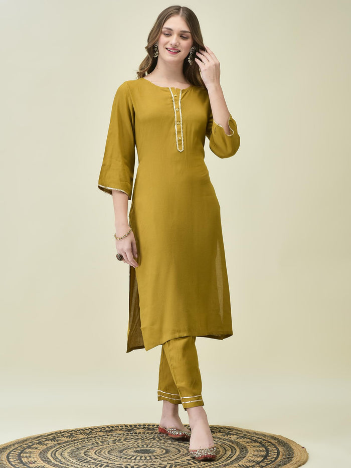 Women Liva Rayon Olive Solid Kurta Trouser Dupatta.