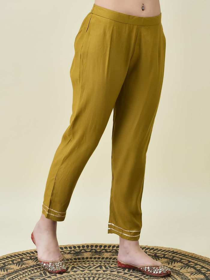 Women Liva Rayon Olive Solid Kurta Trouser Dupatta.