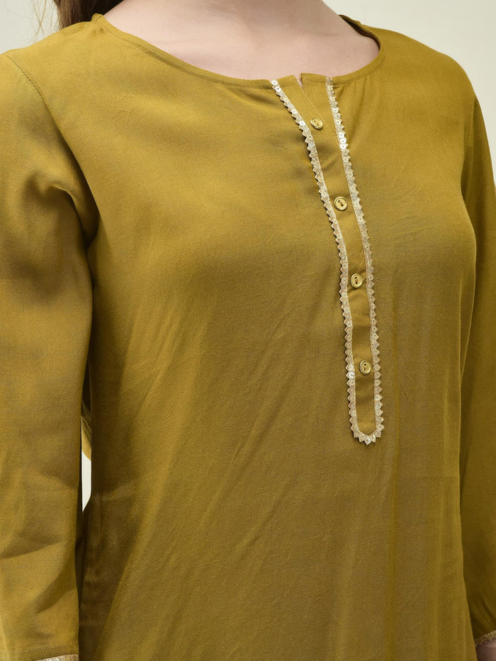 Women Liva Rayon Olive Solid Kurta Trouser Dupatta.