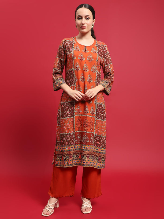 Women Liva Rayon Orange Floral Print Kurta With Comfort Pant.