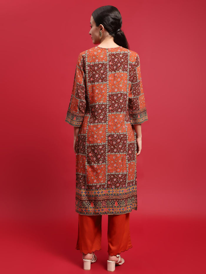 Women Liva Rayon Orange Floral Print Kurta With Comfort Pant.