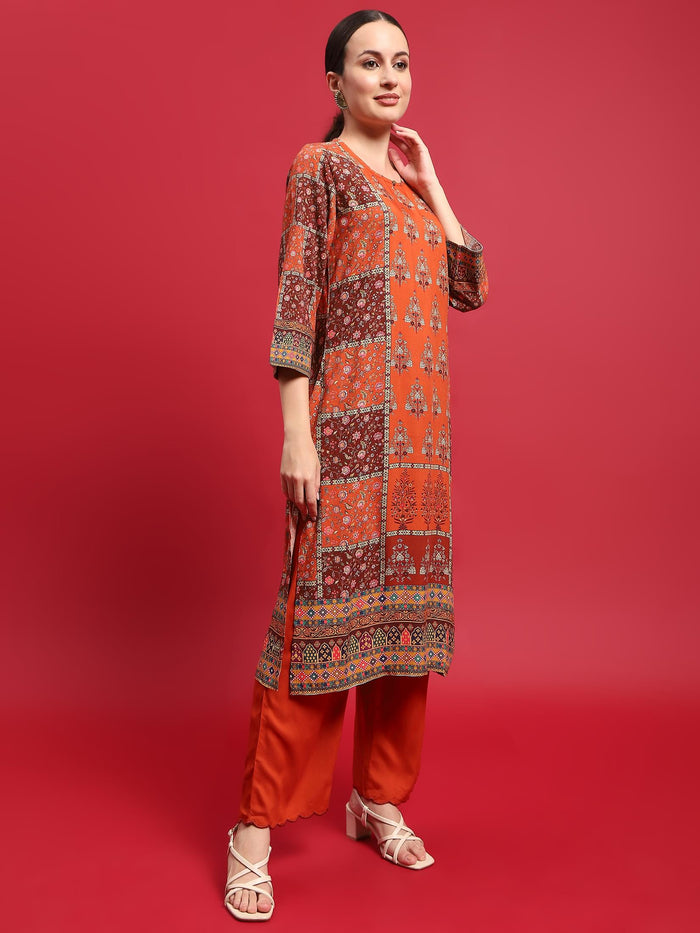 Women Liva Rayon Orange Floral Print Kurta With Comfort Pant.