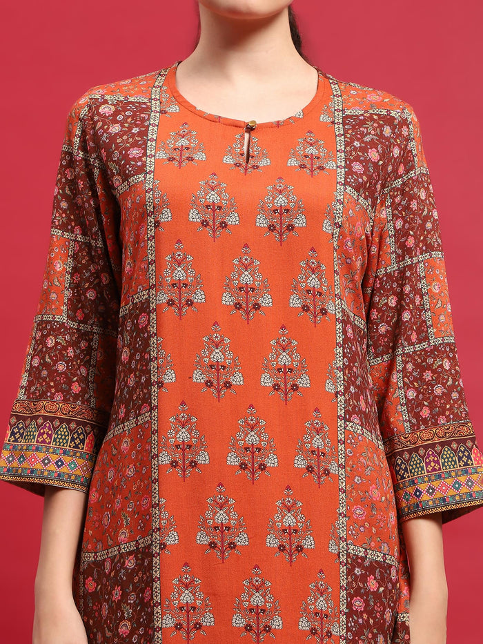 Women Liva Rayon Orange Floral Print Kurta With Comfort Pant.
