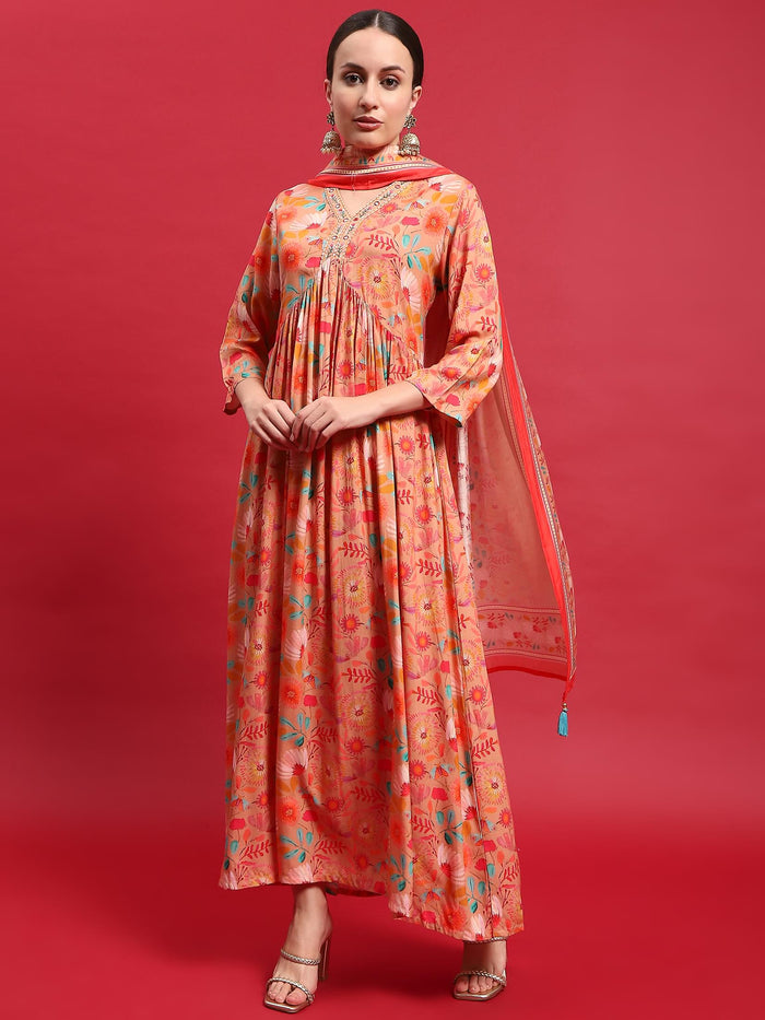 Women Liva Rayon Peach Embroidered Dress With Dupatta.