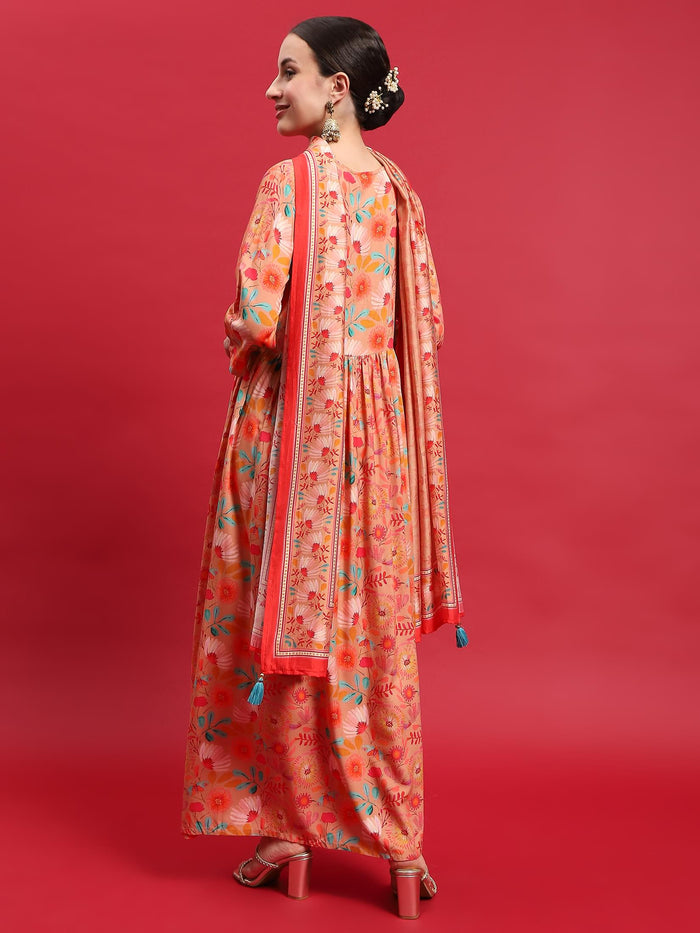 Women Liva Rayon Peach Embroidered Dress With Dupatta.