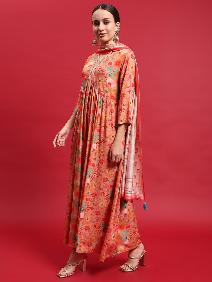 Women Liva Rayon Peach Embroidered Dress With Dupatta.