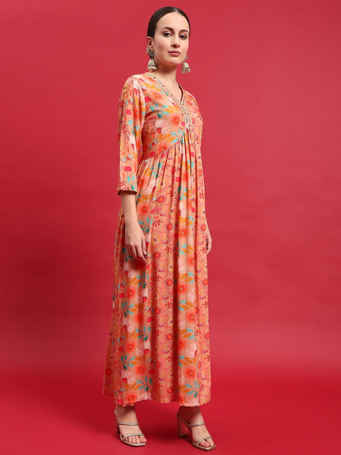 Women Liva Rayon Peach Embroidered Dress With Dupatta.