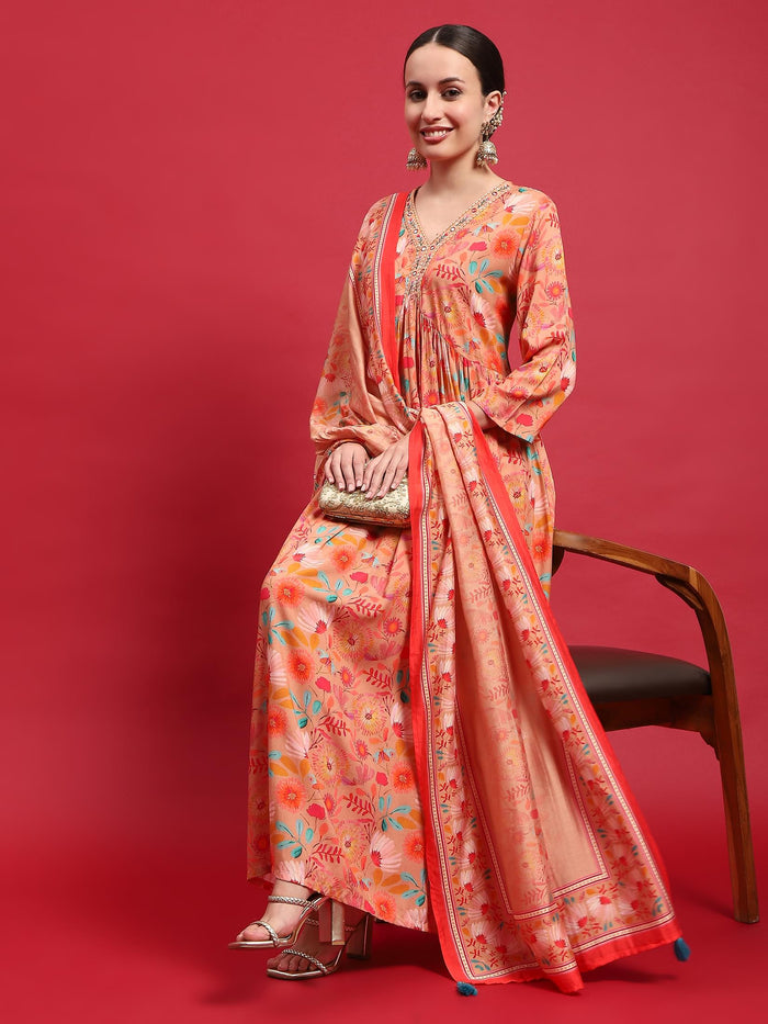 Women Liva Rayon Peach Embroidered Dress With Dupatta.