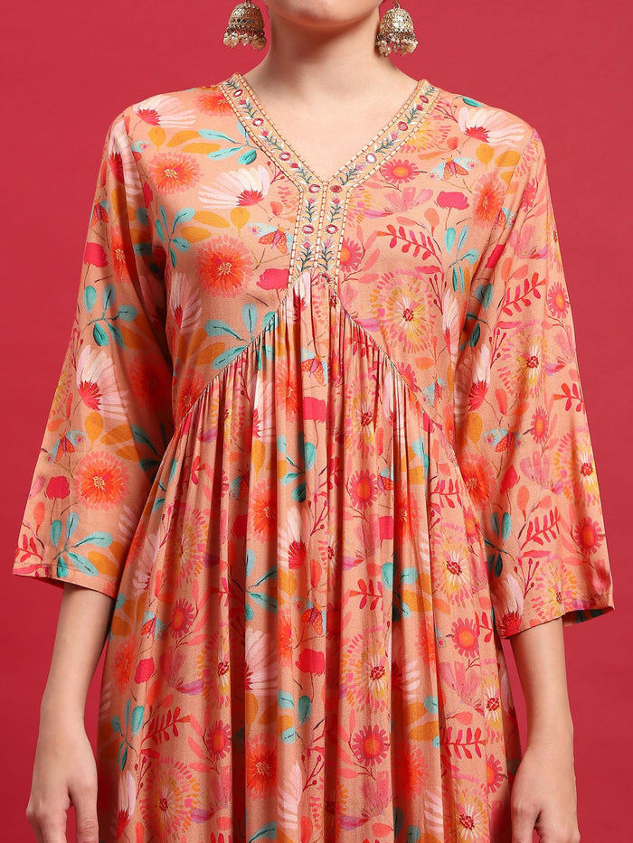 Women Liva Rayon Peach Embroidered Dress With Dupatta.