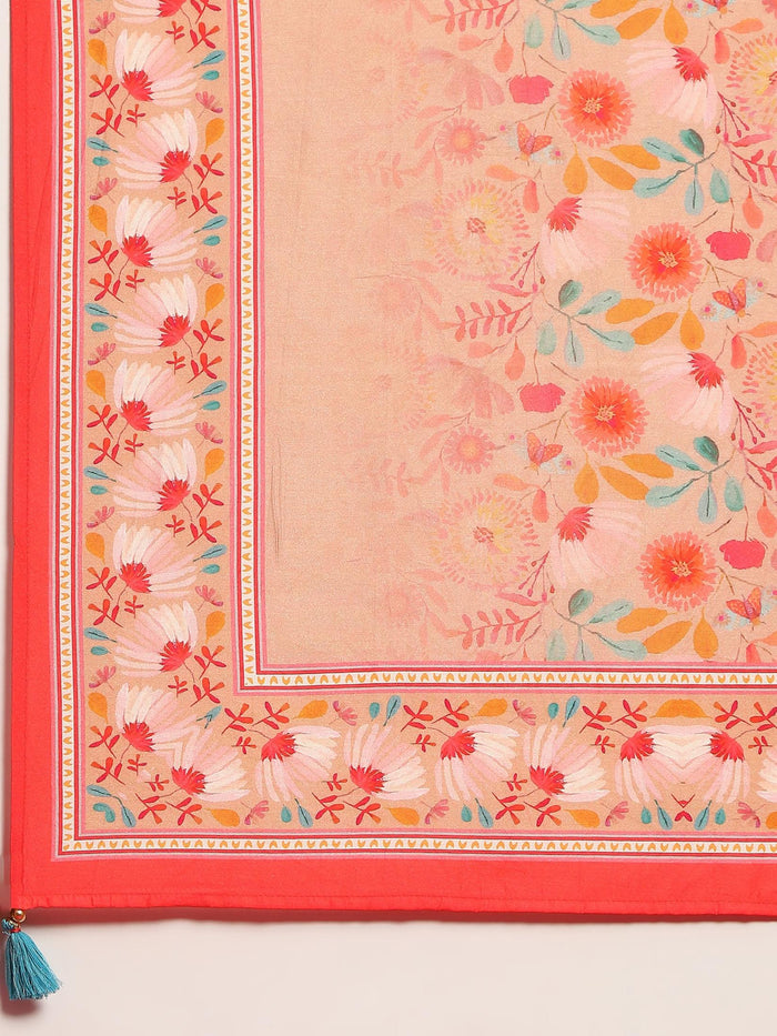 Women Liva Rayon Peach Embroidered Dress With Dupatta.