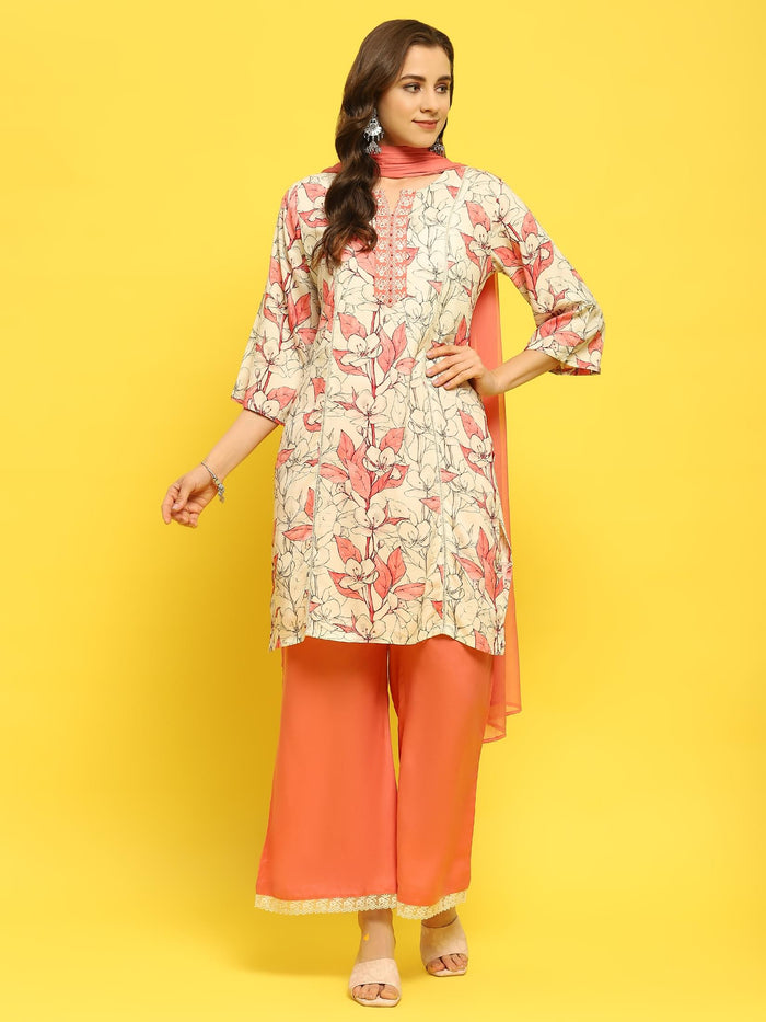 Women Liva Rayon Peach Floral Print Kurta Wide Leg Pant Dupatta.