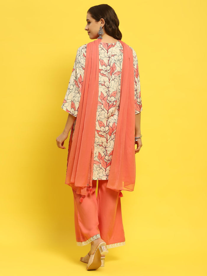 Women Liva Rayon Peach Floral Print Kurta Wide Leg Pant Dupatta.
