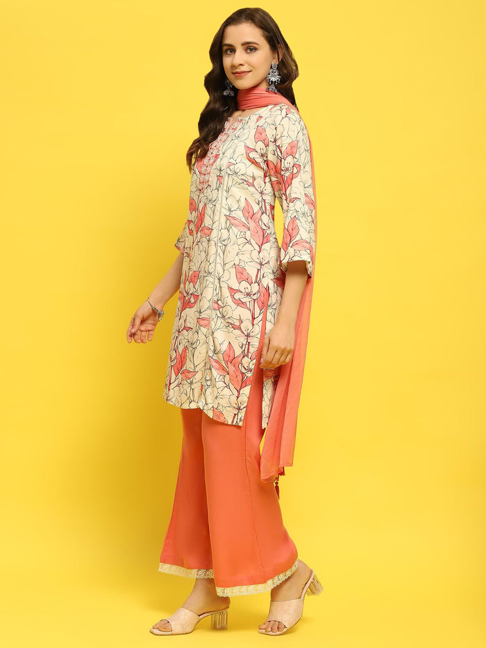 Women Liva Rayon Peach Floral Print Kurta Wide Leg Pant Dupatta.