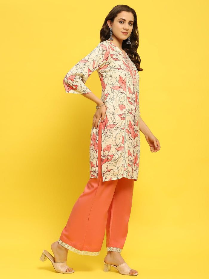 Women Liva Rayon Peach Floral Print Kurta Wide Leg Pant Dupatta.