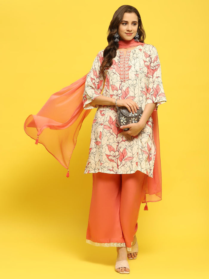 Women Liva Rayon Peach Floral Print Kurta Wide Leg Pant Dupatta.