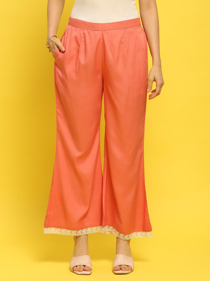 Women Liva Rayon Peach Floral Print Kurta Wide Leg Pant Dupatta.