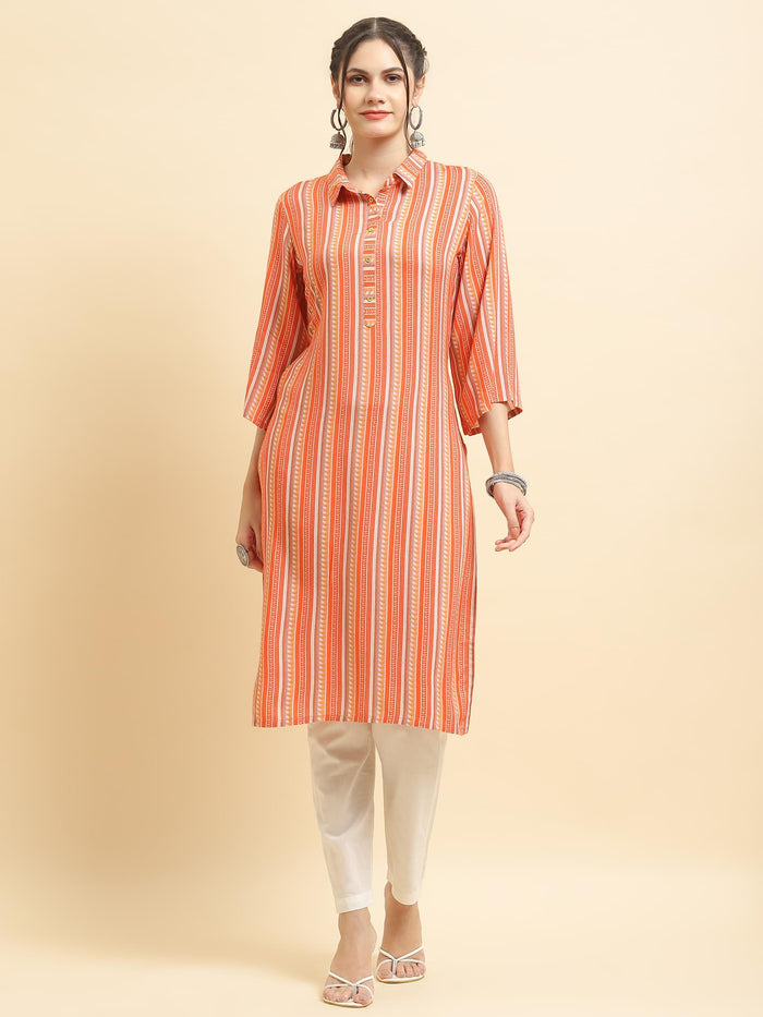 Women Liva Rayon Peach Stripe Print Kurta.