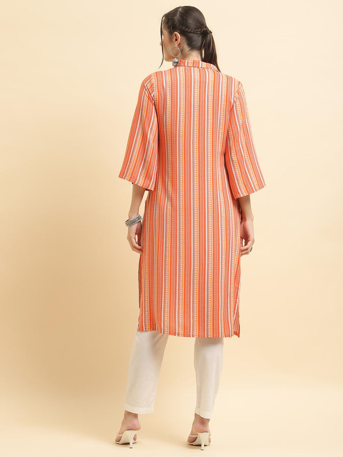 Women Liva Rayon Peach Stripe Print Kurta.