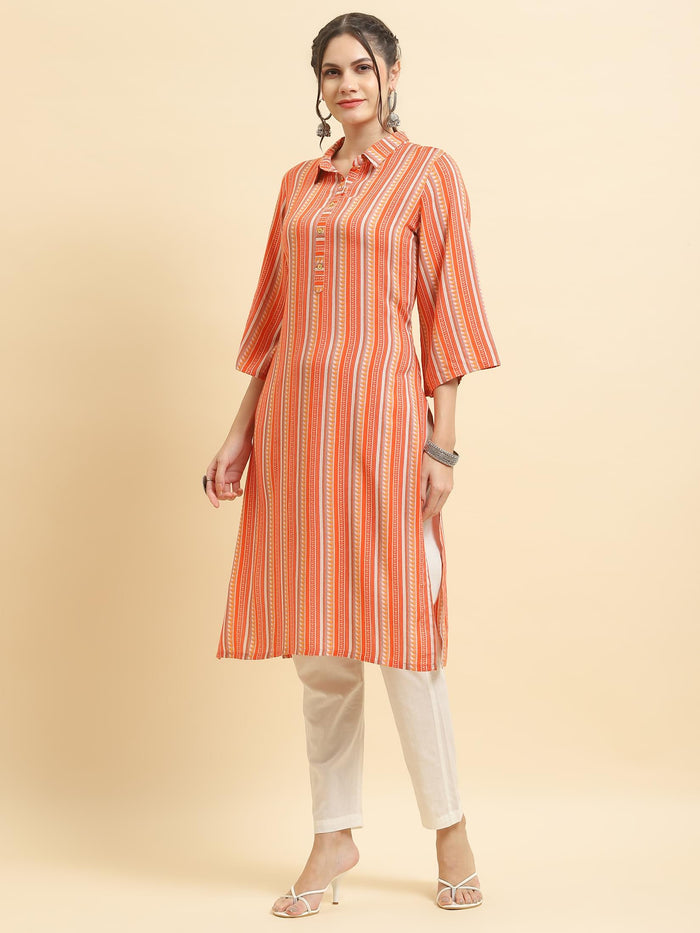 Women Liva Rayon Peach Stripe Print Kurta.