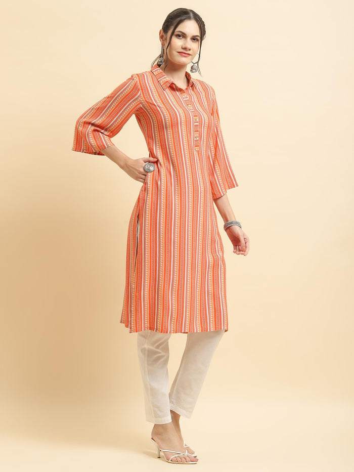 Women Liva Rayon Peach Stripe Print Kurta.