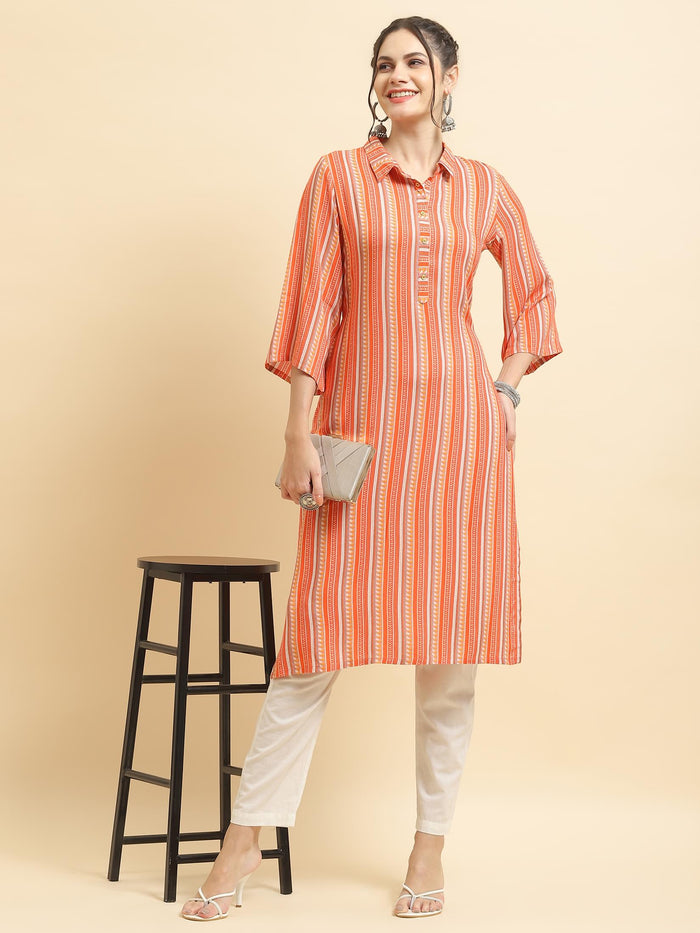 Women Liva Rayon Peach Stripe Print Kurta.