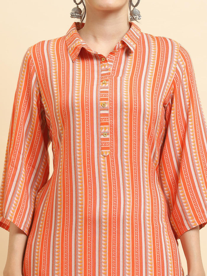 Women Liva Rayon Peach Stripe Print Kurta.