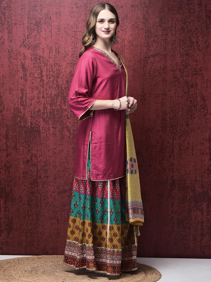 Women Liva (Rayon) Pink Embroidered Kurta Flared Split Pant Chanderi Dupatta.