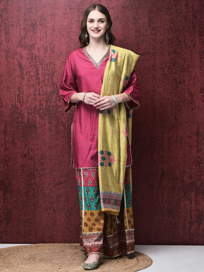 Women Liva (Rayon) Pink Embroidered Kurta Flared Split Pant Chanderi Dupatta.