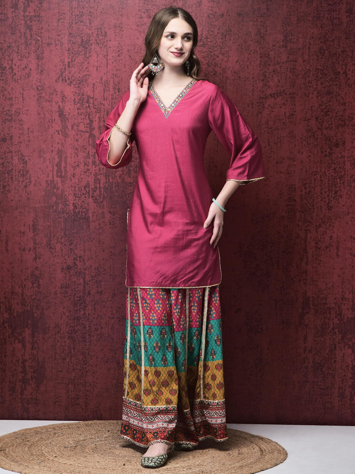 Women Liva (Rayon) Pink Embroidered Kurta Flared Split Pant Chanderi Dupatta.