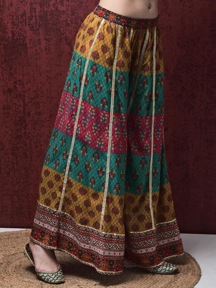 Women Liva (Rayon) Pink Embroidered Kurta Flared Split Pant Chanderi Dupatta.