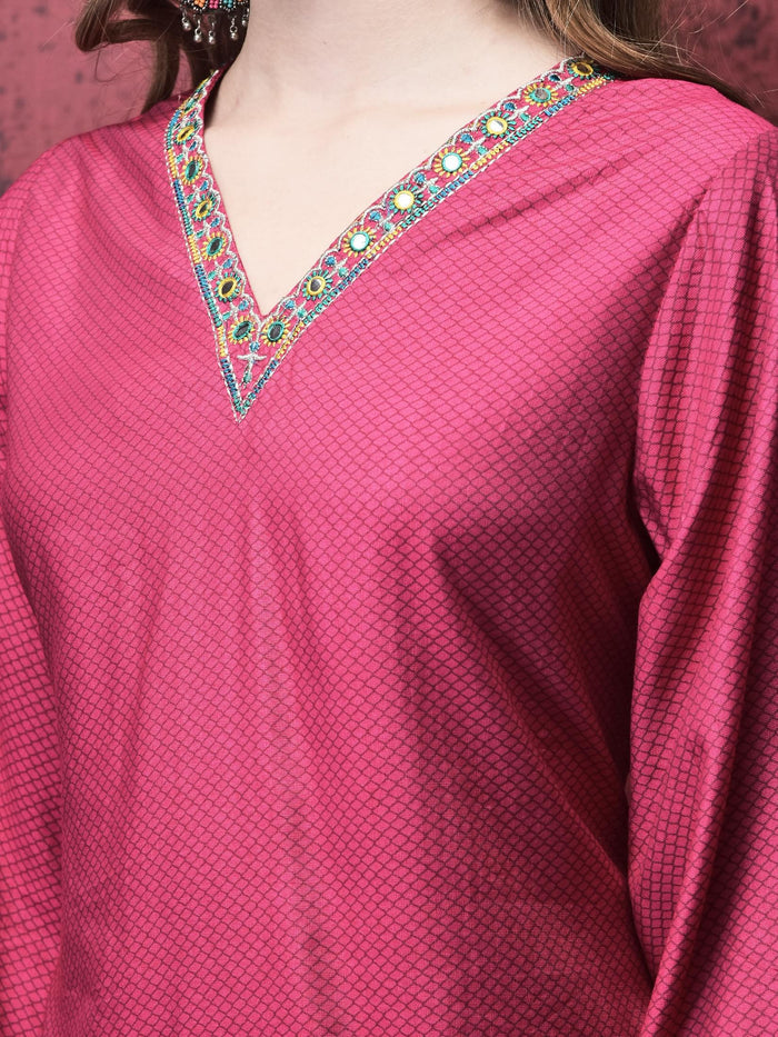 Women Liva (Rayon) Pink Embroidered Kurta Flared Split Pant Chanderi Dupatta.