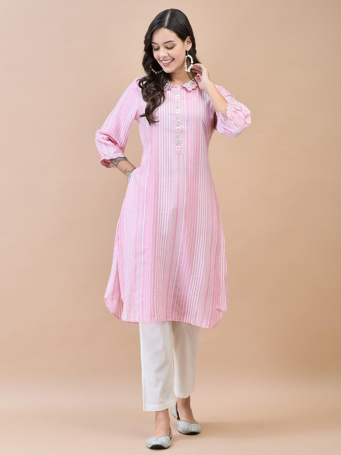Women Liva (Rayon) Pink Embroidered Kurta.