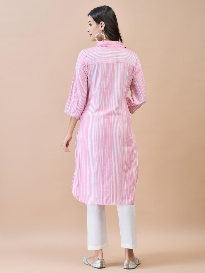 Women Liva (Rayon) Pink Embroidered Kurta.