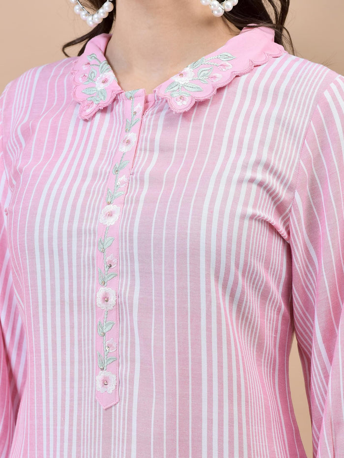 Women Liva (Rayon) Pink Embroidered Kurta.
