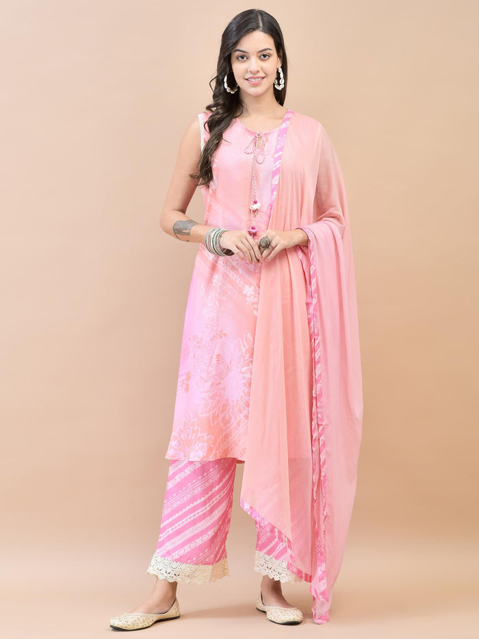 Women Liva (Rayon) Pink Floral Print Kurta Comfort Pant Dupatta.