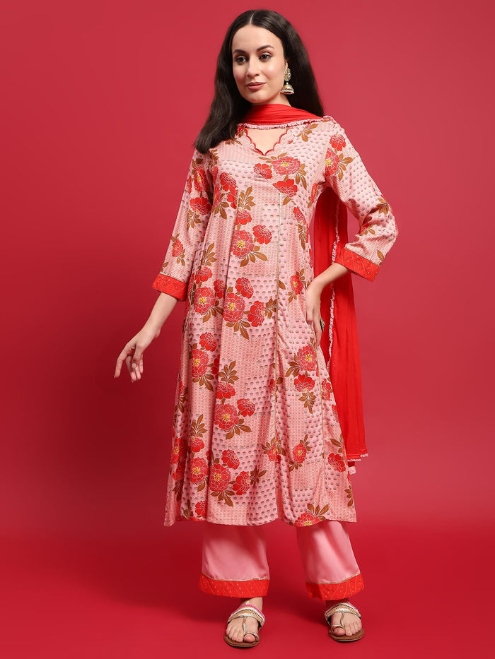 Women Liva Rayon Pink Floral Print Kurta Comfort Pant Dupatta.