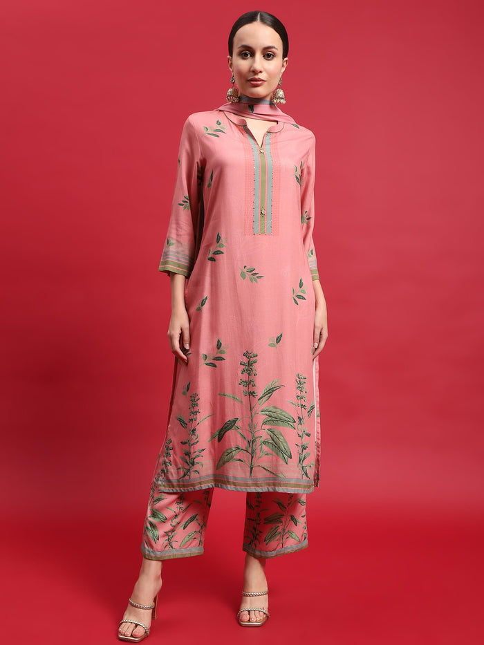 Women Liva Rayon Pink Floral Print Kurta Comfort Pant Dupatta.