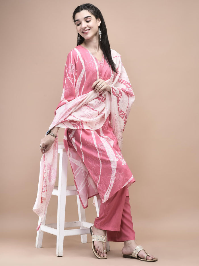 Women Liva (Rayon) Pink Floral Print Kurta Comfort Pant Dupatta.