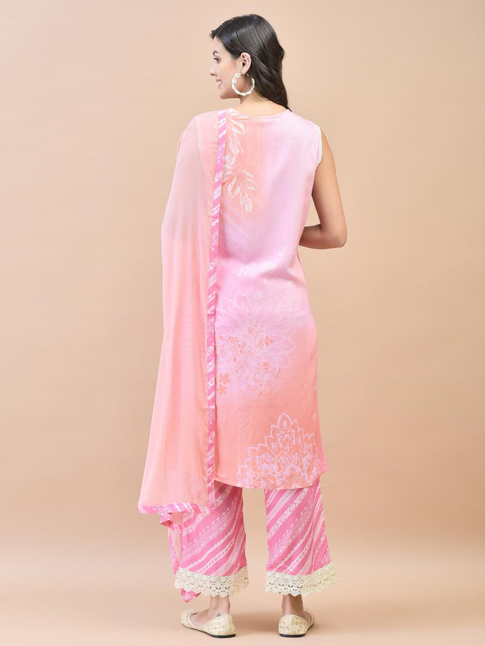 Women Liva (Rayon) Pink Floral Print Kurta Comfort Pant Dupatta.