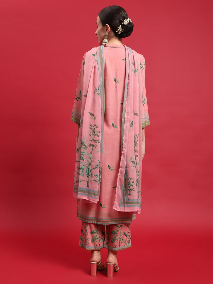 Women Liva Rayon Pink Floral Print Kurta Comfort Pant Dupatta.