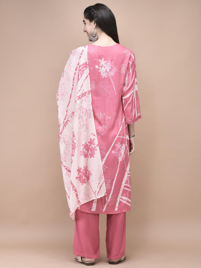 Women Liva (Rayon) Pink Floral Print Kurta Comfort Pant Dupatta.