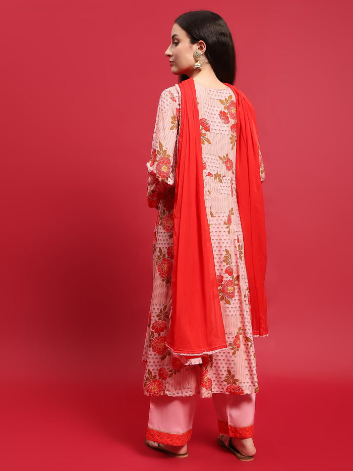 Women Liva Rayon Pink Floral Print Kurta Comfort Pant Dupatta.