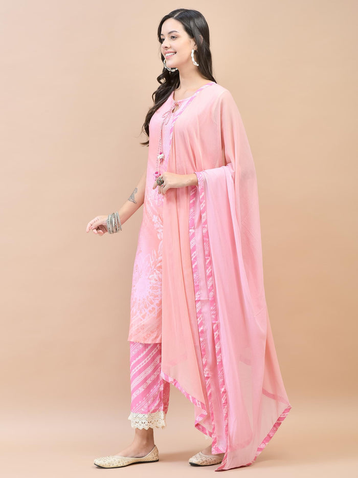Women Liva (Rayon) Pink Floral Print Kurta Comfort Pant Dupatta.