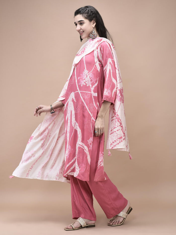Women Liva (Rayon) Pink Floral Print Kurta Comfort Pant Dupatta.